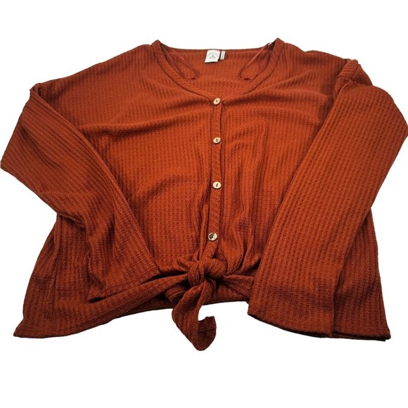 Paper Crane Womens Sz Medium Sweater Shirt Cropped Button Front Tie Waist Brown - Picture 1 of 13